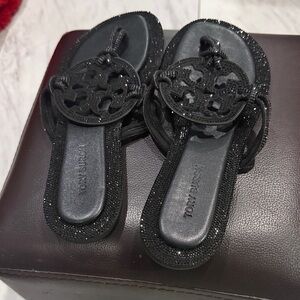 Tory Burch Black Glitter Miller Logo Slide Sandals